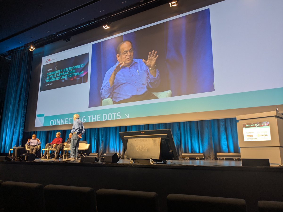 mvapich's tweet image. Prof. DK Panda of @mvapich presenting as part of the &quot;Commodity Interconnects in Next Generation&quot; Panel at #ISC25 alongside Prof. @thoefler , Prof. Taisuke Boku, and @NVIDIANetworkng&apos;s Gilad Shainer! 

#mvapich #hpc #mlai #interconnects #supercomputing #mpi #top500 #isc2025