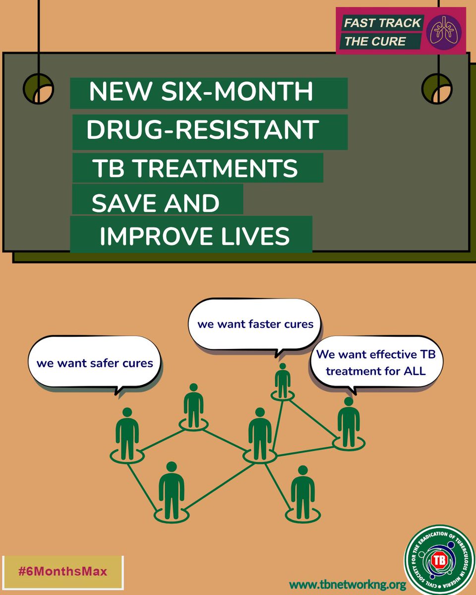 TBNetworkcso's tweet image. 🚨 New 6-month drug-resistant TB treatments are here — faster, safer, and more effective!
🗣️ Communities demand better cures, and the world is listening.
Let’s push for #6MonthsMax for ALL.
📢 Join the movement: tbnetworkng.org and Fast Track the Cure
#EndTB