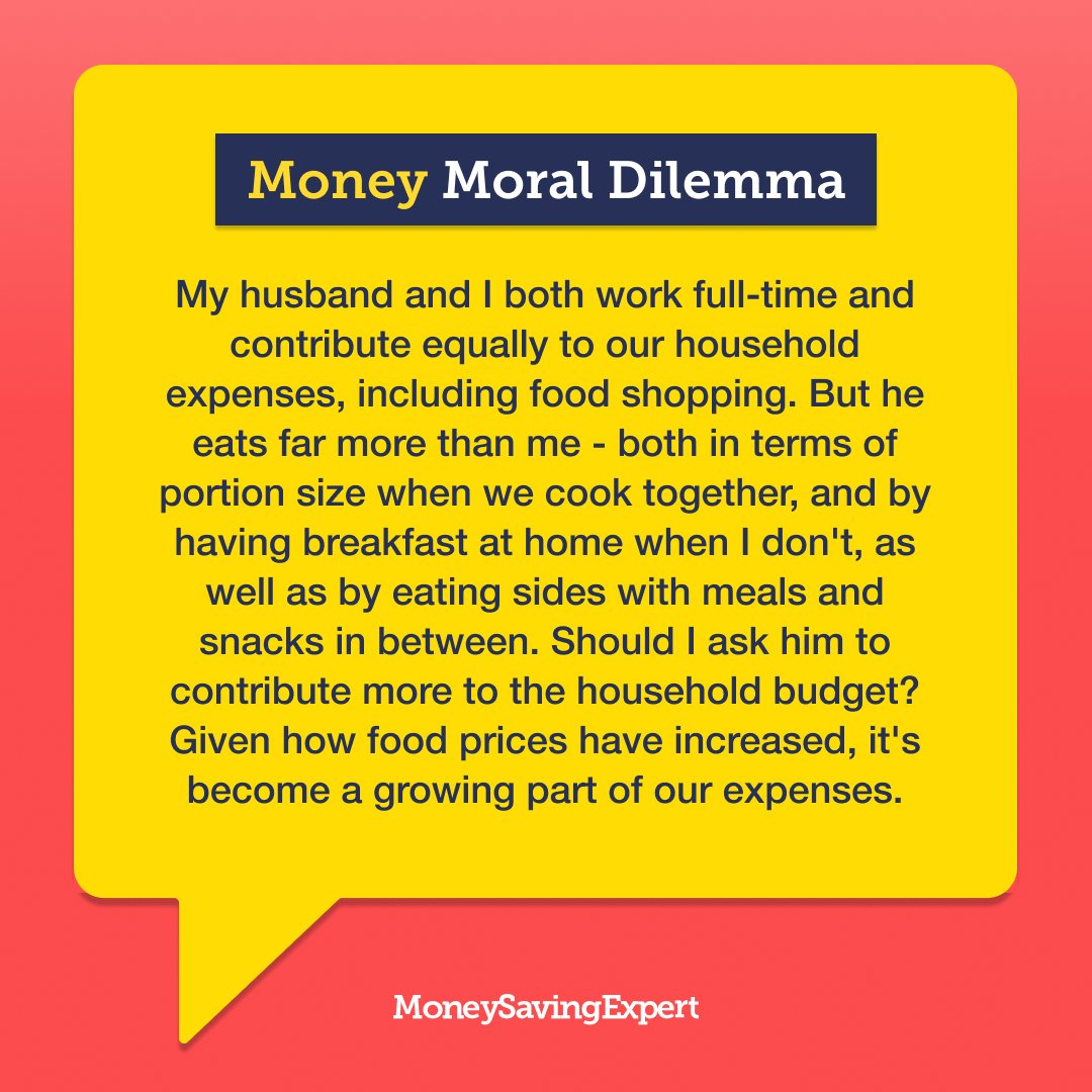MoneySavingExp's tweet photo. 'My partner eats more than me, so should he pay more of our food shopping costs?' 🍴 https://t.co/5Dl2hSCnSy