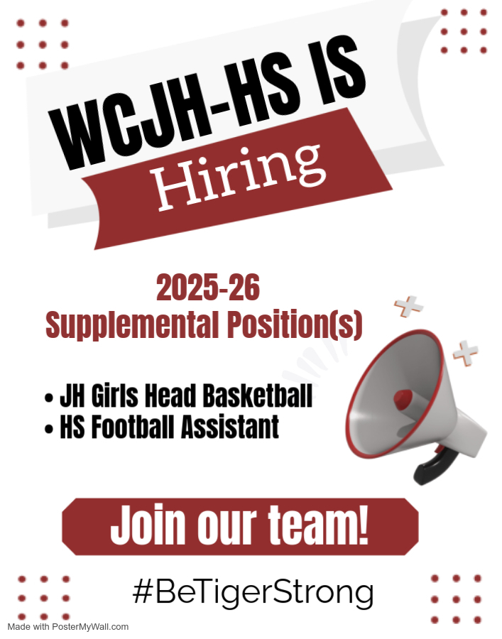 WaCo Tigers (@tigerswaco) on Twitter photo WCJH-HS currently has two open supplemental positions available during the 2025-26 school year! If you are interested in joining the Tiger team or know someone that might be, please reach out to Bobby Smith at rsmith@usd108.org or (785) 325-2261 EXT 105! #BeTigerStrong WCJH-HS currently has two open supplemental positions available during the 2025-26 school year! If you are interested in joining the Tiger team or know someone that might be, please reach out to Bobby Smith at rsmith@usd108.org or (785) 325-2261 EXT 105! #BeTigerStrong