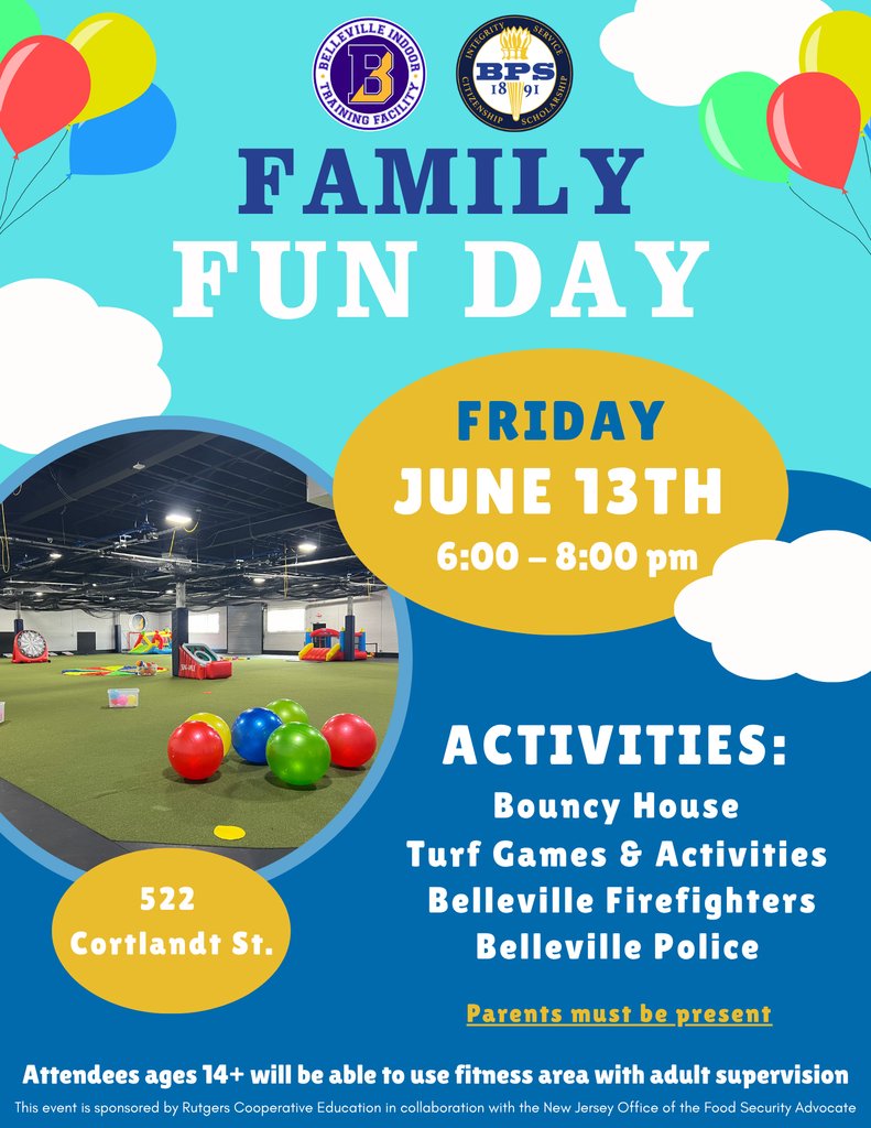 🎉 Family Fun Day!
🗓️ Friday, June 13 | 6–8pm
📍 522 Cortlandt St.

Bouncy house, turf games, meet Belleville’s Firefighters &amp; Police!
Parents must be present. Ages 14+ can use the fitness area w/ supervision.

#Belleville #FamilyFun #BPS