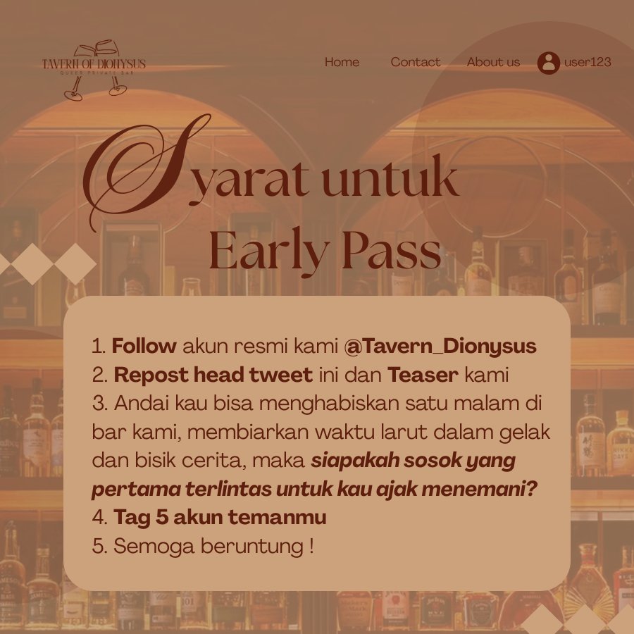 Tavern_Dionysus's tweet image. ㅤ
ㅤ
Wahai jiwa-jiwa petualang yang mendamba tempat berlabuh; yang mencari bahu untuk bersandar kala menuturkan kisah dibalut hangat penuh afeksi. Ruang tunggu bar kami kini terbuka untuk dua orang beruntung yang akan mendapatkan kartu anggota eksklusif Tavern of Dionysus.
ㅤ
ㅤ