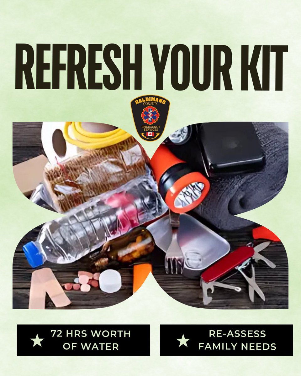 HaldEmerg's tweet photo. There is no better time than the present to refresh the contents of your 72 hour emergency kit! Double check that you have what you need, nothing is expired, bring in fresh water, and talk to your family about emergency preparedness.
#WarningWednesday #EmergencyPreparedness https://t.co/63UPk6SQRg