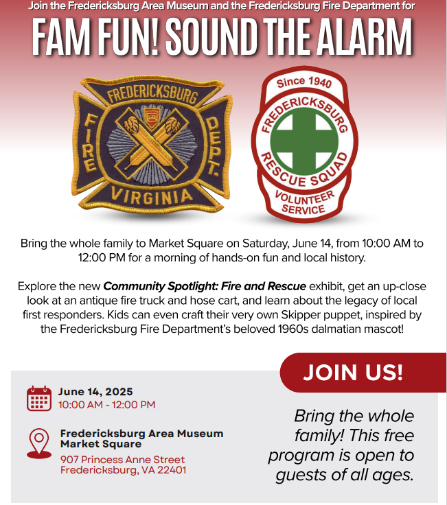 Join the Fredericksburg Area Museum and the Fredericksburg Fire Department this weekend!  Come see some antique fire trucks and join in on other fun this Saturday, June 14 from 10:00 am - 12:00 pm.