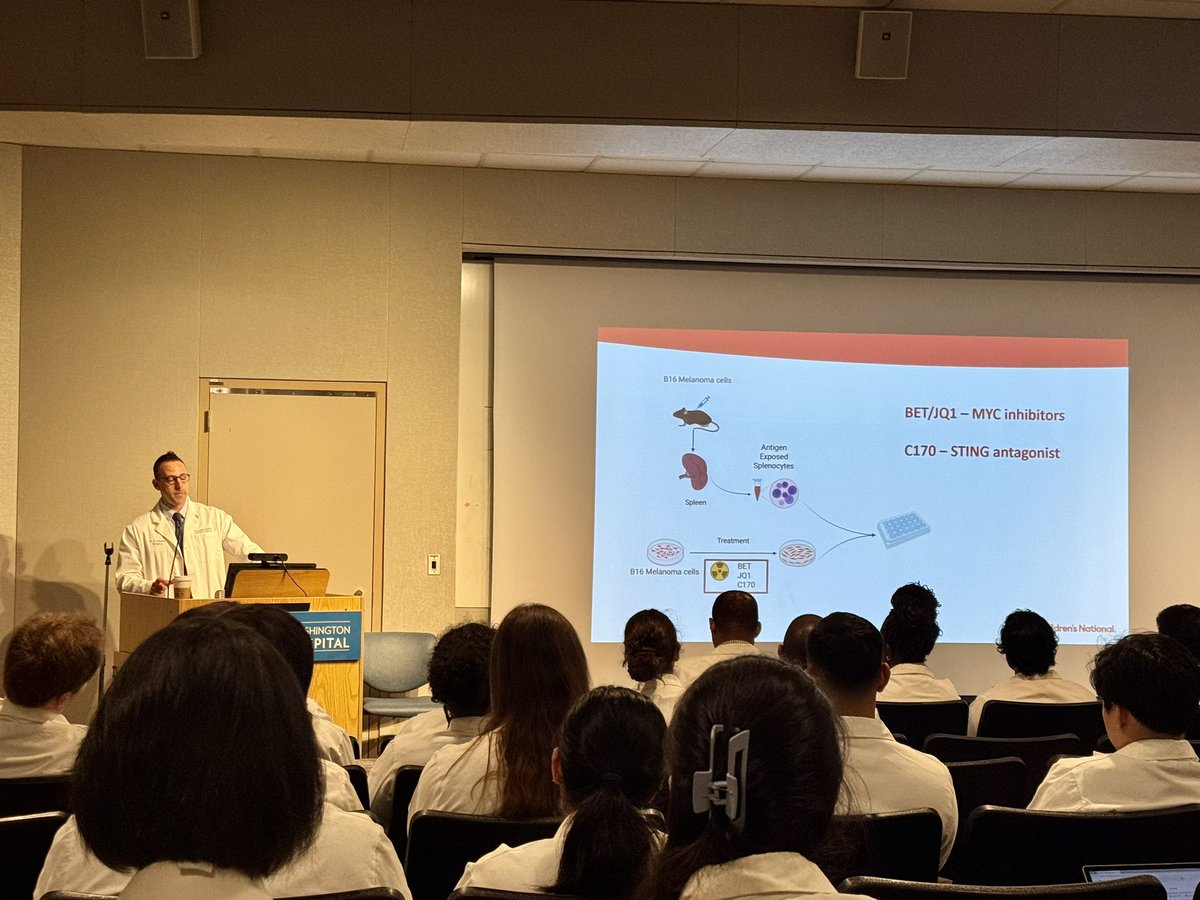 GWSurgery's tweet image. Next is future pediatric surgeon Dr. Alex Halpern @alexhalpern1 presenting on his research training tumor specific T cells for melanoma immunotherapy after his first year with @ChildrensNatl — we can’t wait to see what you do over the next year too! 👶🏻🐭#pedsurg