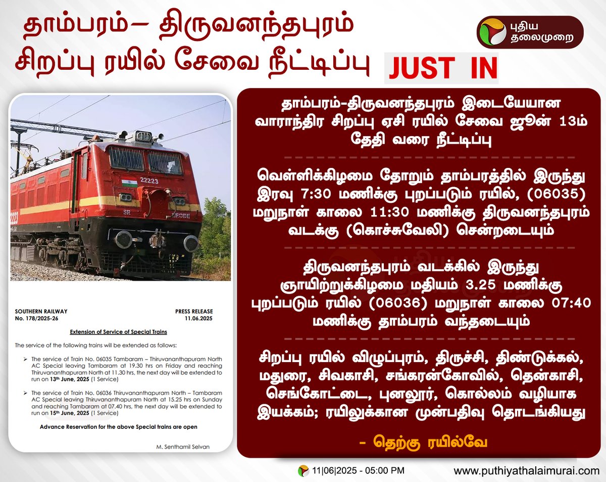 PttvNewsX's tweet photo. #JUSTIN | தாம்பரம்- திருவனந்தபுரம் சிறப்பு ரயில் சேவை நீட்டிப்பு
#SouthernRailway | #Train | #SpecialTrains | #Tambaram | #ThiruvananthapuramNorth | #ACSpecialTrain https://t.co/gXxi5G2Dqa