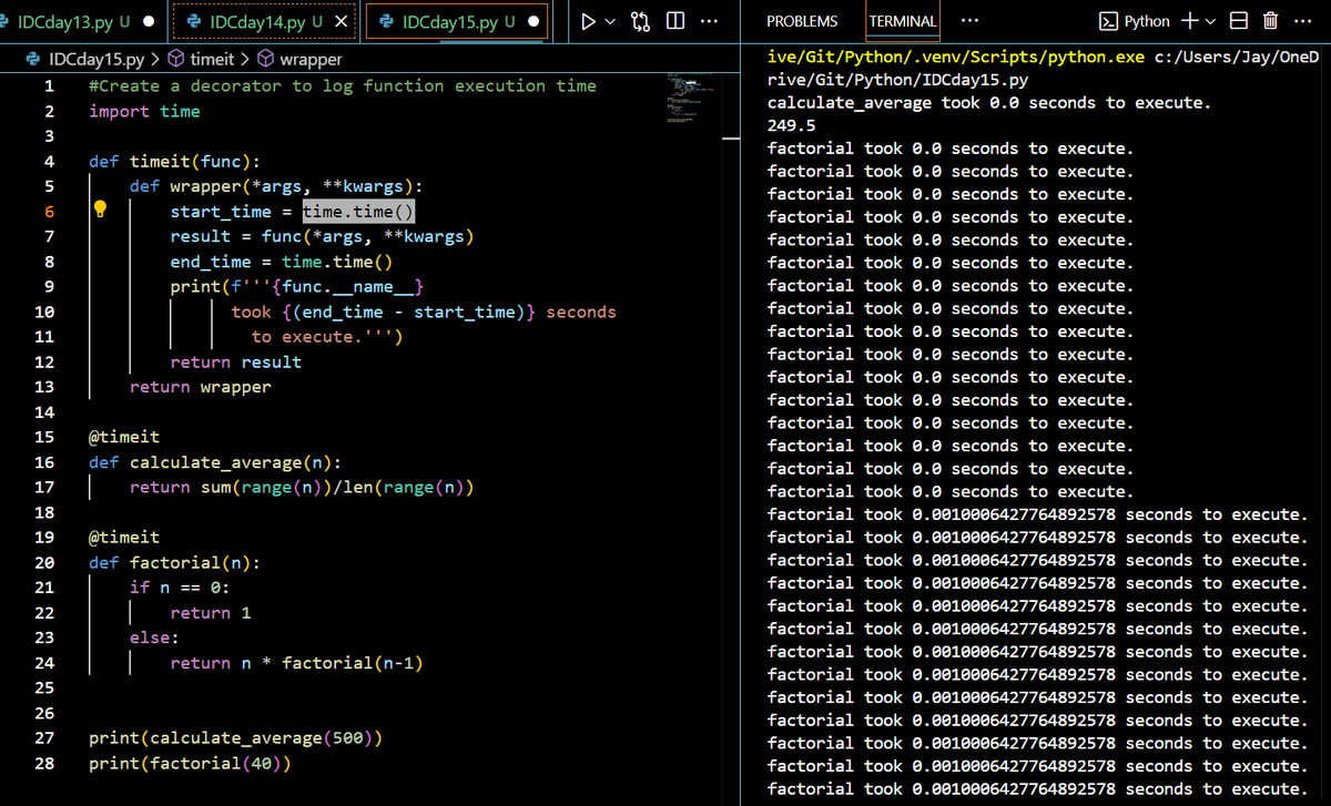 coolj1784's tweet photo. 🚀 Halfway there!
✅ Day 15 completed | #30DaysOfPython with @indiandataclub 🐍
🗒️ Topics
Function decorators &amp; their use cases (like timing ⏱️)
🎯 Challenge
Built a custom decorator to log execution time like a pro! 🧠⚙️
#30DaysOfPython  #IDC30DaysChallenge https://t.co/wD4zEHbUnO