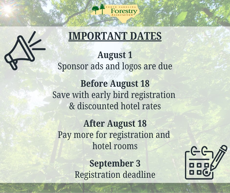NCForestryAssoc's tweet image. NCFA&apos;s Annual Meeting - 𝙁𝙤𝙧𝙚𝙨𝙩𝙧𝙮 𝙞𝙣 𝙁𝙤𝙘𝙪𝙨: 𝙈𝙖𝙣𝙖𝙜𝙞𝙣𝙜 𝙏𝙤𝙙𝙖𝙮, 𝙎𝙪𝙨𝙩𝙖𝙞𝙣𝙞𝙣𝙜 𝙏𝙤𝙢𝙤𝙧𝙧𝙤𝙬 - will be here before you know it!

Register by August 18 to save on event and hotel rates!

Learn more:

bit.ly/42ZVacQ