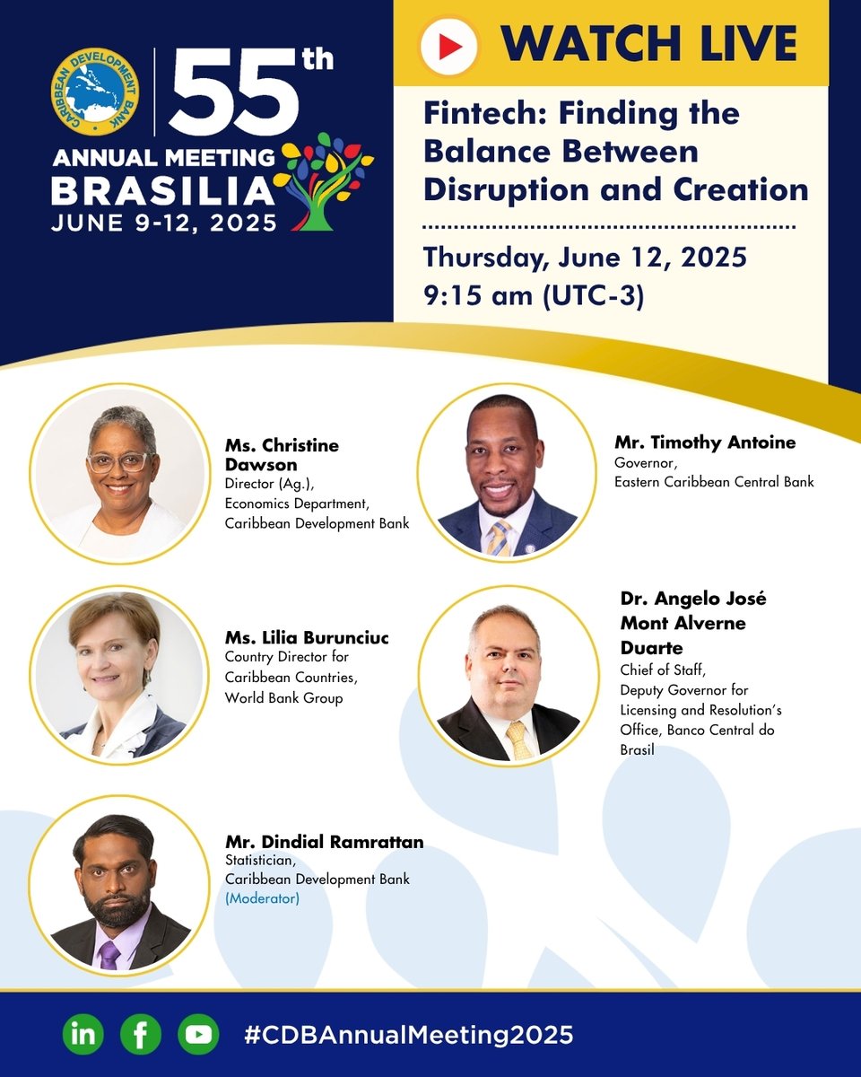 🔔 It all happens tomorrow! 

CDB’s Fintech seminar goes live on June 12 at 9:15 am (UTC-3).

Let's look at how we can unlock financial access for MSMEs, the unbanked, and others.

🎥 Watch it live: ow.ly/ix8S50VYPWx

#CDBAnnualMeeting2025 #Fintech #FinancialInclusion