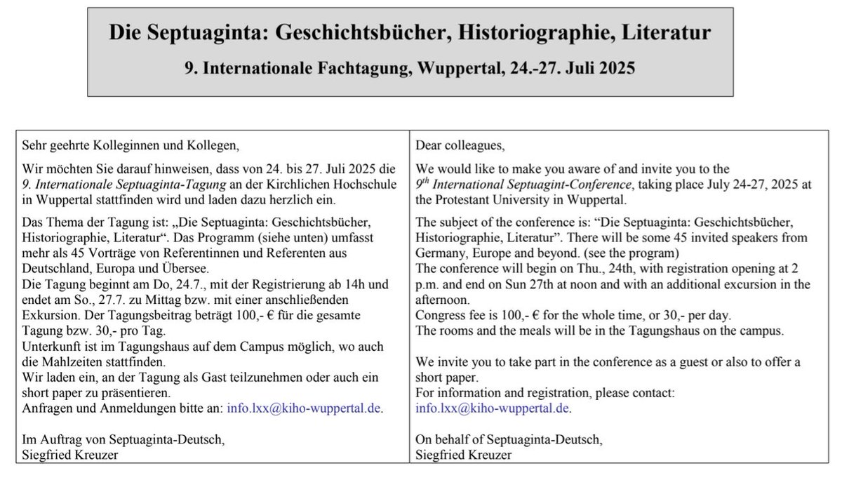 IOSCSOfficial's tweet image. Die Septuaginta: Geschichtsbücher, Historiographie, Literatur. 9. Internationale Fachtagung, Wuppertal, 24.-27. Juli 2025. Das Programm finden Sie hier: tinyurl.com/yyahe3dk