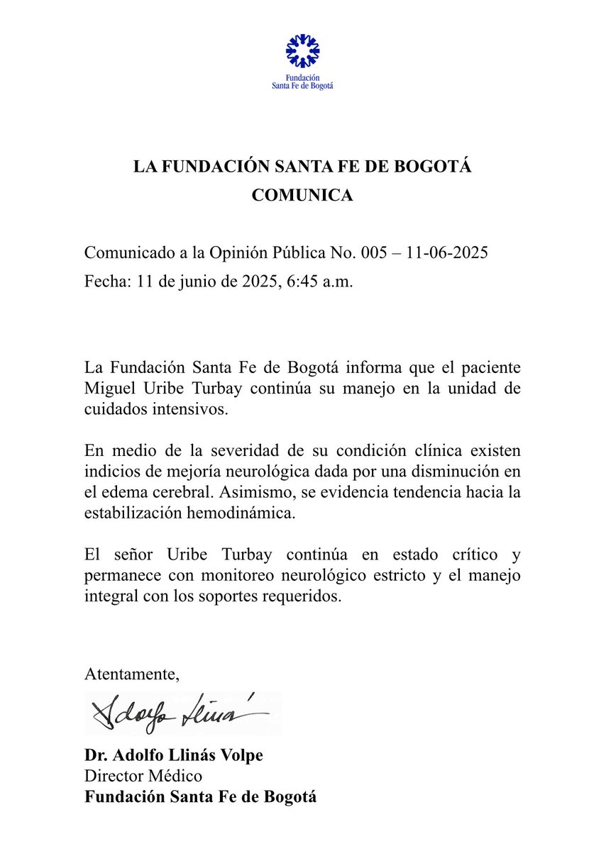 La <a href="/FSFB_Salud/">Fundación Santa Fe de Bogotá</a> acaba de reportar indicios de mejoría neurológica en la salud del precandidato #MiguelUribe. Aunque continúa en estado crítico en UCI seha registrado una disminución del edema cerebral y tendencia hacia estabilización hemodinámica. #colombia ora por su recuperación
