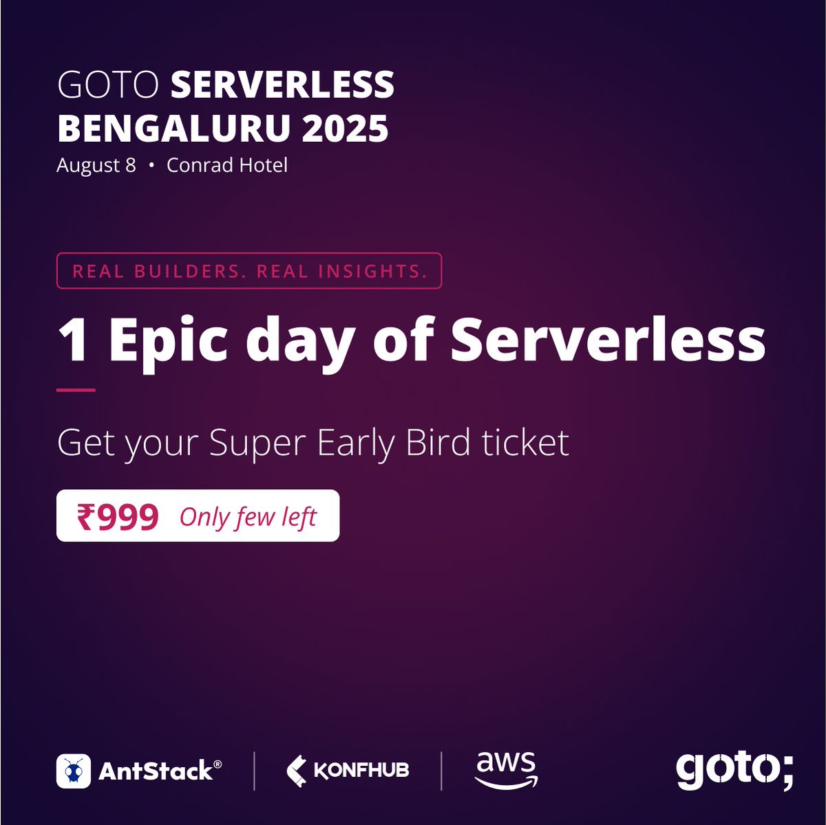 ServerlessDays Bengaluru (@slsdaysblr) on Twitter photo ๐๐ข๐ง๐ข ๐ฆ๐ฒ๐ฟ๐๐ฒ๐ฟ๐น๐ฒ๐๐ hits #NammaBengaluru!
๐๏ธ ๐๐๐ด ๐ด | ๐ ๐๐ผ๐ป๐ฟ๐ฎ๐ฑ ๐๐ผ๐๐ฒ๐น
๐๏ธ ๐๐ฎ๐ฟ๐น๐ ๐๐ถ๐ฟ๐ฑ @ โน๐ต๐ต๐ต ends ๐๐ผ๐บ๐ผ๐ฟ๐ฟ๐ผ๐!
Talks on #๐๐ฒ๐ป๐๐, ๐ณ๐ฎ๐๐น๐ ๐๐ผ๐น๐ฒ๐ฟ๐ฎ๐ป๐ฐ๐ฒ & #๐๐ฒ๐ฟ๐๐ฒ๐ฟ๐น๐ฒ๐๐.
๐ antt.me/tsyLBj5u
#Serverless #GOTOConf ๐๐ข๐ง๐ข ๐ฆ๐ฒ๐ฟ๐๐ฒ๐ฟ๐น๐ฒ๐๐ hits #NammaBengaluru!
๐๏ธ ๐๐๐ด ๐ด | ๐ ๐๐ผ๐ป๐ฟ๐ฎ๐ฑ ๐๐ผ๐๐ฒ๐น
๐๏ธ ๐๐ฎ๐ฟ๐น๐ ๐๐ถ๐ฟ๐ฑ @ โน๐ต๐ต๐ต ends ๐๐ผ๐บ๐ผ๐ฟ๐ฟ๐ผ๐!
Talks on #๐๐ฒ๐ป๐๐, ๐ณ๐ฎ๐๐น๐ ๐๐ผ๐น๐ฒ๐ฟ๐ฎ๐ป๐ฐ๐ฒ & #๐๐ฒ๐ฟ๐๐ฒ๐ฟ๐น๐ฒ๐๐.
๐ antt.me/tsyLBj5u
#Serverless #GOTOConf
