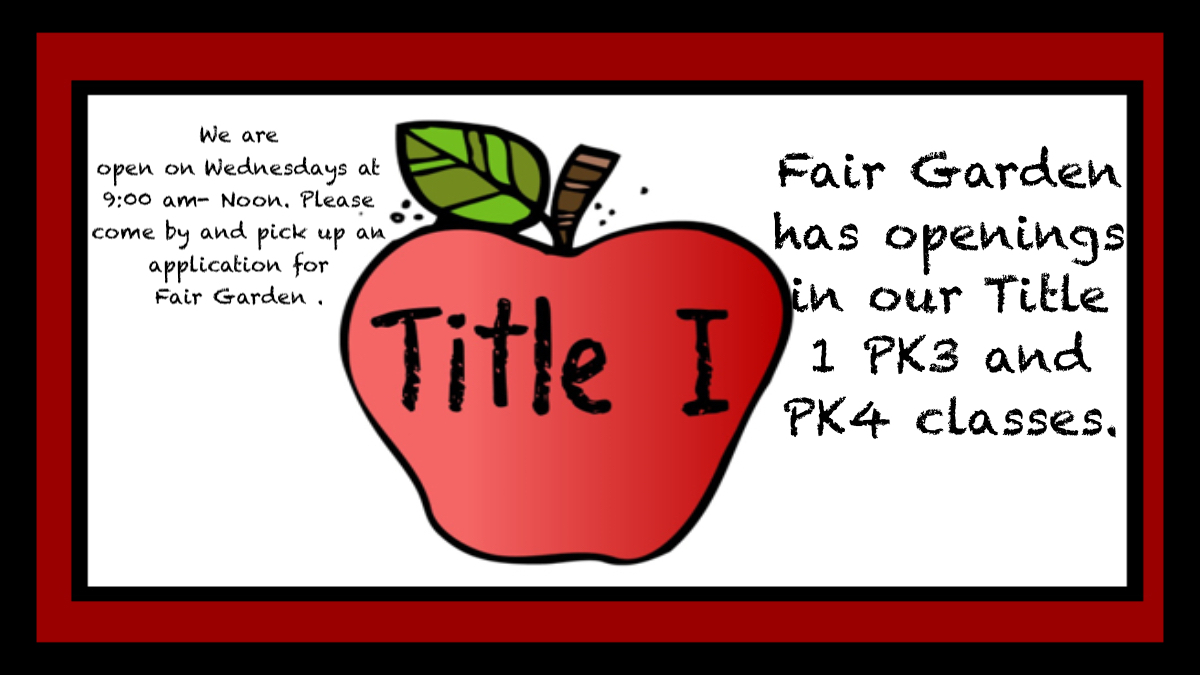 Fair Garden (@fair_garden) on Twitter photo Families, please spread the word that we STILL HAVE OPENINGS in our Title 1 PK3 and Title 1 PK4 classes. Sadly, our numbers are lower than they've ever been in 10 or more years. WHY? We are missing YOU and your family <a href="/fair_garden/">Fair Garden</a>. Please come by on Wednesdays at 9:00 am-Noon! Families, please spread the word that we STILL HAVE OPENINGS in our Title 1 PK3 and Title 1 PK4 classes. Sadly, our numbers are lower than they've ever been in 10 or more years. WHY? We are missing YOU and your family <a href="/fair_garden/">Fair Garden</a>. Please come by on Wednesdays at 9:00 am-Noon!