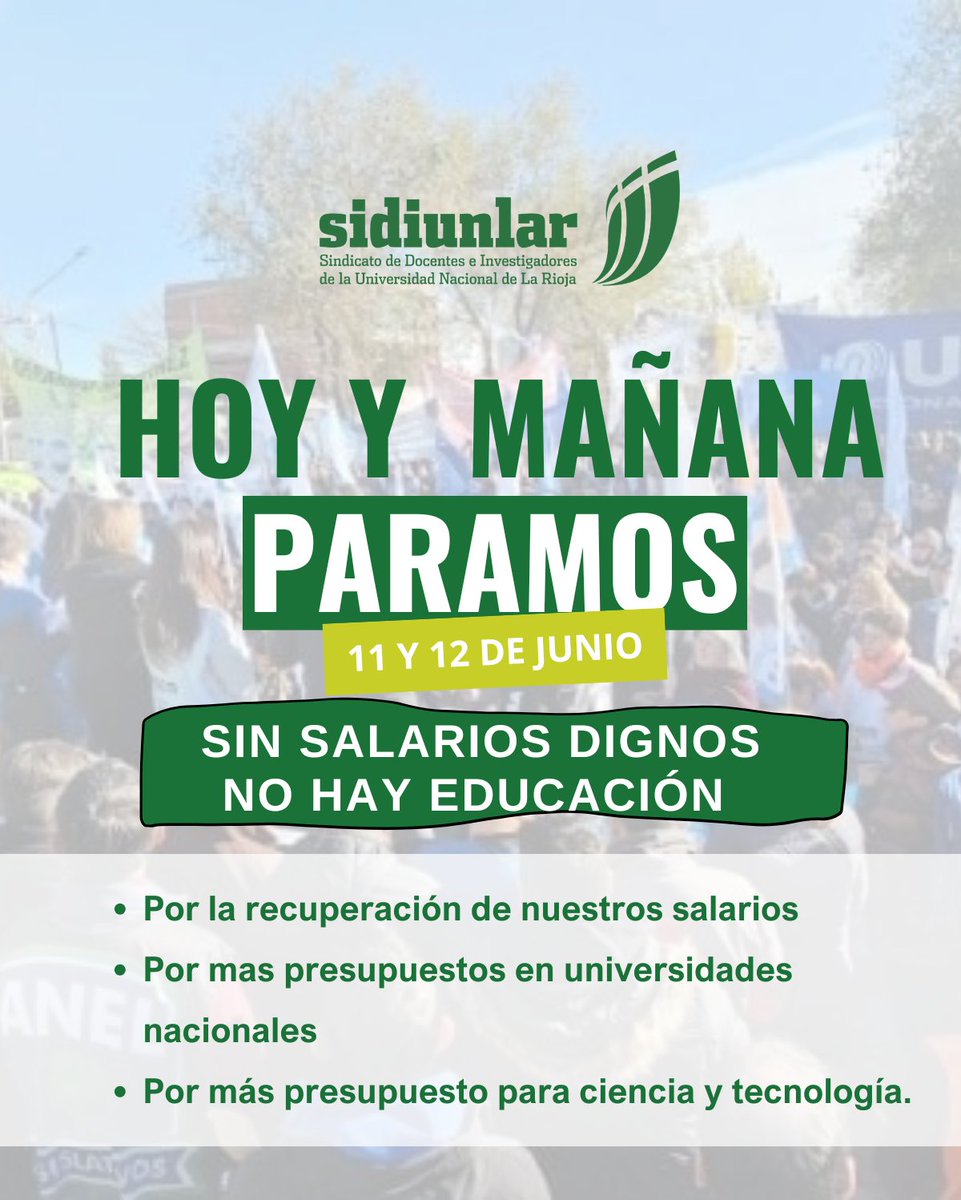 📣 11 y 12 de junio: ¡PARO EN LAS UNIVERSIDADES NACIONALES!

🧑‍🏫 Salarios por debajo de la línea de pobreza
📉 +100% de pérdida frente a la inflación
😡 Más de 7 meses sin paritarias

✊ ¡Sin salarios dignos, no hay universidad pública!
#ParoDocente #UniversidadEnLucha