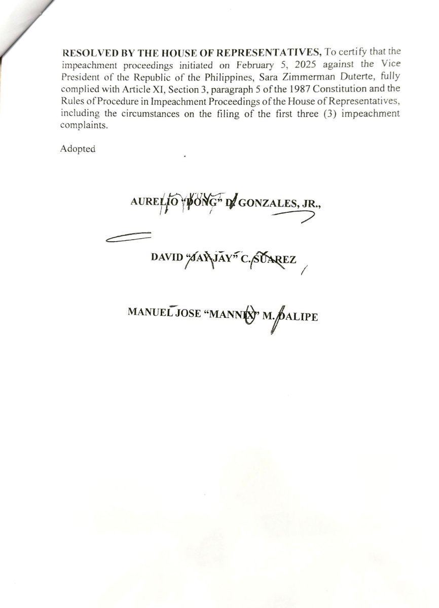 NEW: The House of Representatives has adopted in plenary House Resolution No. 2346 certifying that the impeachment case initiated last Feb. 5 against Vice President Sara Duterte complied with the Constitution in line with the first stipulation of the Senate order to remand. |