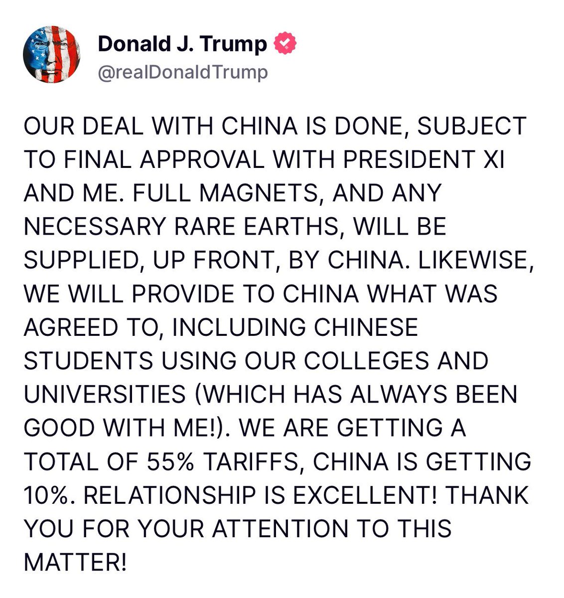 Cointelegraph's tweet photo. 🇺🇸 BREAKING: Trump says trade deal with China is done. https://t.co/FshH77m73P