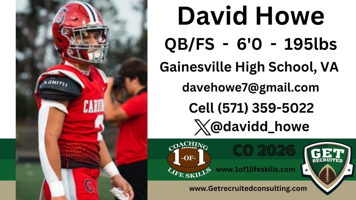 David Howe - CO2026 - QB/FS - 6'0, 195 - 4.2 GPA - Athletic, accurate arm, smart, great leader. Gainesville HS, VA. Profile: app.productiverecruit.com/profile/david-…… <a href="/davidd_howe/">David Howe C/O 2026</a> @1of1lifeskills <a href="/ESU_Football/">ESU Football</a> <a href="/SRURockFB/">Slippery Rock Football</a> <a href="/SURamsFootball/">Shepherd Football</a> <a href="/FrostburgFB/">Frostburg Football</a>