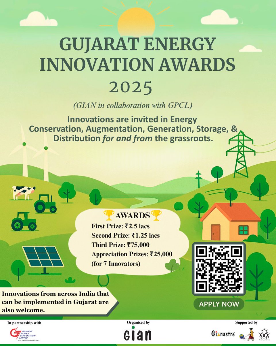 🌟 Gujarat Energy Innovation Awards 2025 🌟
Got a game-changing energy idea in conservation, generation, storage, or distribution?
🚀 Apply now to:
✅ Get recognized by GIAN
✅ Network &amp; exhibit nationally
✅ Access mentorship &amp; growth

🔗 bit.ly/4jCcyKk