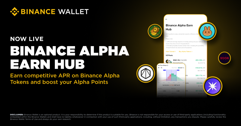 BinanceWallet's tweet photo. Introducing #Binance Alpha Earn Hub! 

Add liquidity to Alpha tokens and earn competitive APR rewards while boosting your Binance Alpha points.  

Learn more👇