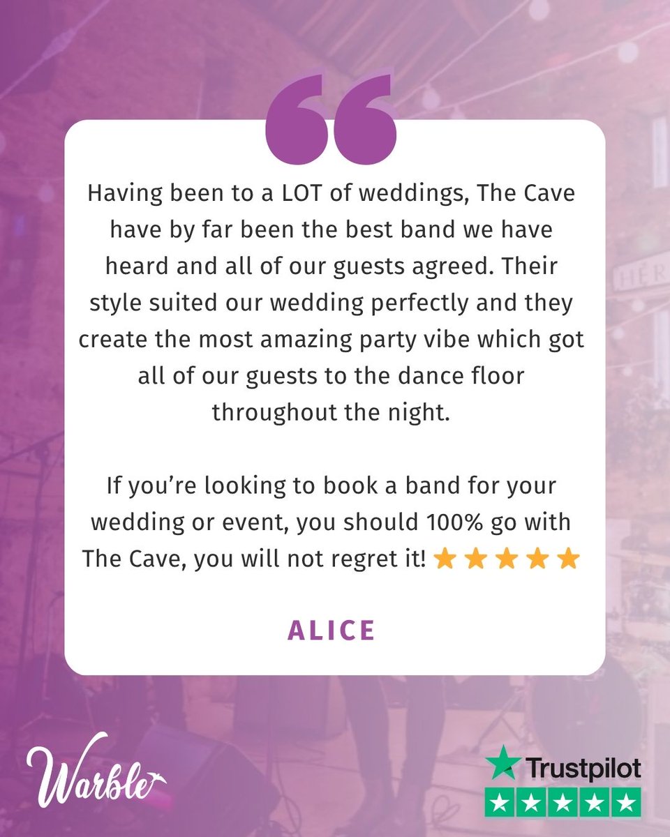 What a fabulous review for The Cave, Alice! 🎸😍

With their folk-inspired, party-starting setlist and their irresistible charm and boundless energy, it's easy to see why The Cave are just so darned popular! 🎶🤩

Want to check them out? Head over here ➡️ warble-entertainment.com/the-cave
