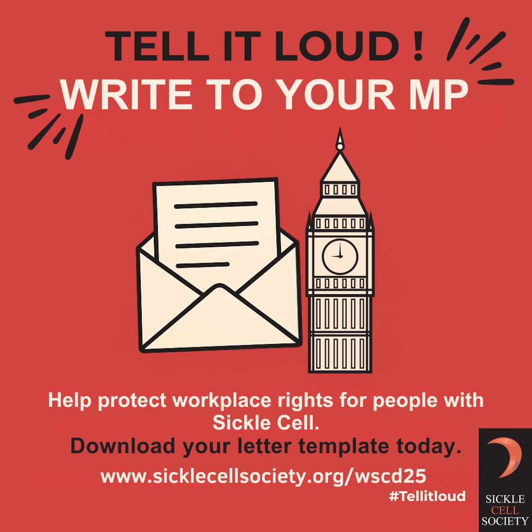 📢 In the lead-up to #WorldSickleCellDay, we’re calling for change.

People with sickle cell deserve stronger workplace rights &amp; better employer education.

✊🏾 Write to your MP today: buff.ly/3gq50iR

#TellItLoud #YourVoiceMatters