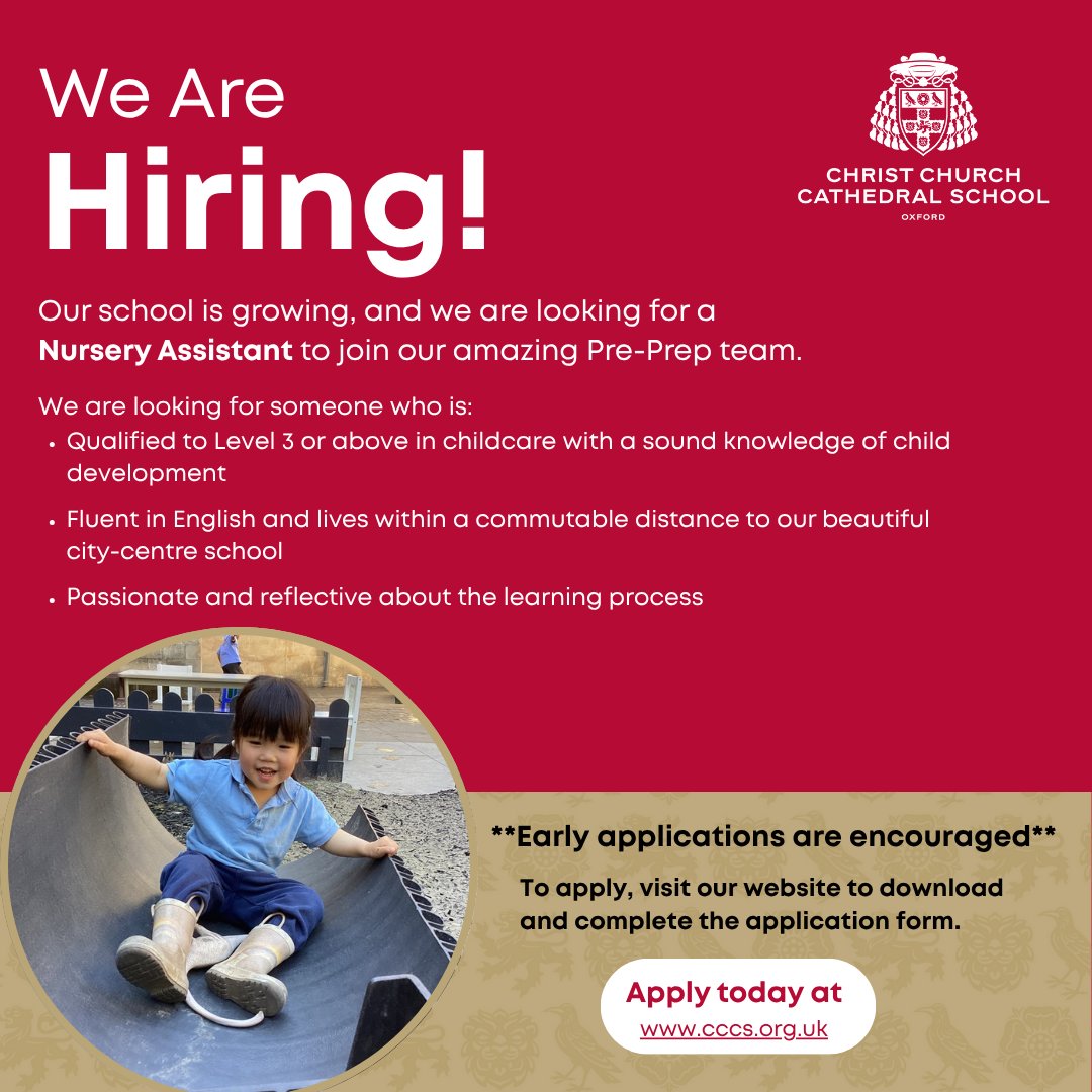 🌱 We're Growing at #CCCSOxford🌱
Our Nursery team is looking for a warm, dedicated Nursery Assistant, qualified to Early Years Educator Level 3 or above in Childcare to #JoinOurTeam

Visit bit.ly/CCCS-Vacancies to learn more &amp; apply today!  #IndependentSchool #NurseryAssistant