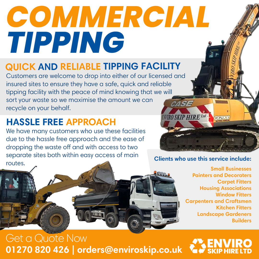 Enviro Skip Hire (@enviroskipuk) on Twitter photo We offer a quick and reliable commercial tipping service. 🗑️
Get in touch for more information:
☎️ 01270 820 426
📩 orders@enviroskiphire.co.uk
🔗 enviroskiphire.co.uk
#skiphire #wastemanagement #recycling #waste #recycle #rubbishclearance #rubbishremoval #rubbish We offer a quick and reliable commercial tipping service. 🗑️
Get in touch for more information:
☎️ 01270 820 426
📩 orders@enviroskiphire.co.uk
🔗 enviroskiphire.co.uk
#skiphire #wastemanagement #recycling #waste #recycle #rubbishclearance #rubbishremoval #rubbish
