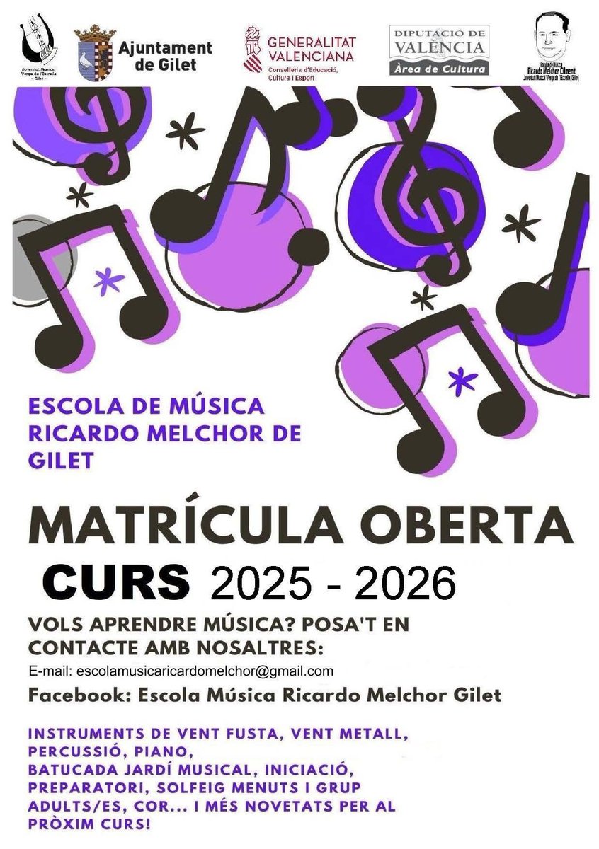 ✍️ Matrícula oberta per al proper curs de la nostra “Escola Música Ricardo Melchor” ací 👇
forms.gle/ummebGdU4t3cWe…