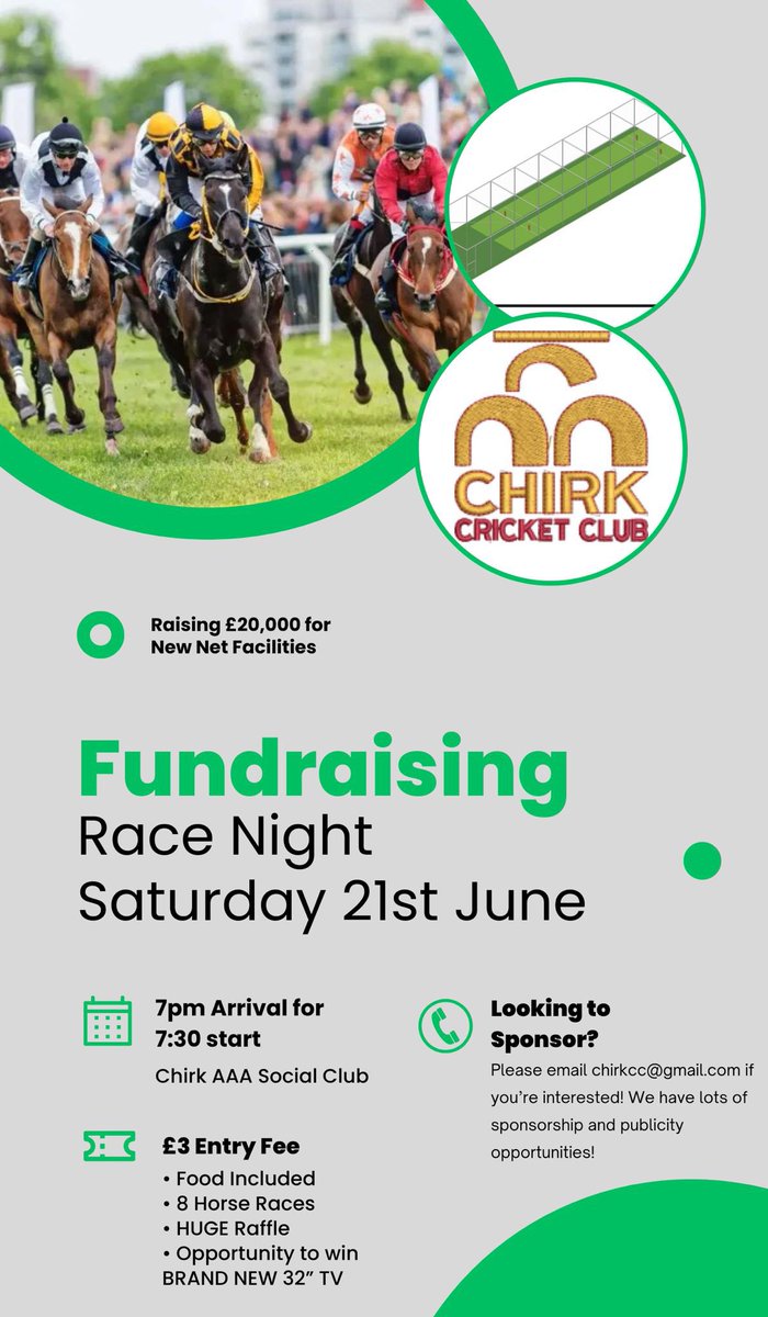 🐎 RACE NIGHT 🐎 

A reminder about our upcoming race night on Saturday 21st June! 🐴 

All money raised will be going towards new net facilities for our club 💚

Come on down to support our cause. Plenty more sponsorship opportunities available, contact us to find out more!