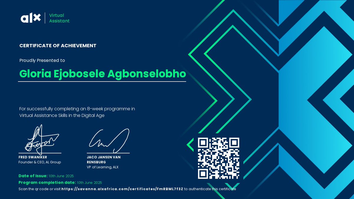 GLOWRIHA1's tweet photo. The beginning of a new journey! 🚀
I’m deeply grateful to @alx_africa for this amazing opportunity and impactful initiative. It’s been an educative and exceptional experience, & I’m proud to have been part of this milestone.
Cheers to #DoingHardThing
#Virtualassistant
#graduate https://t.co/6dSWIm0pW3