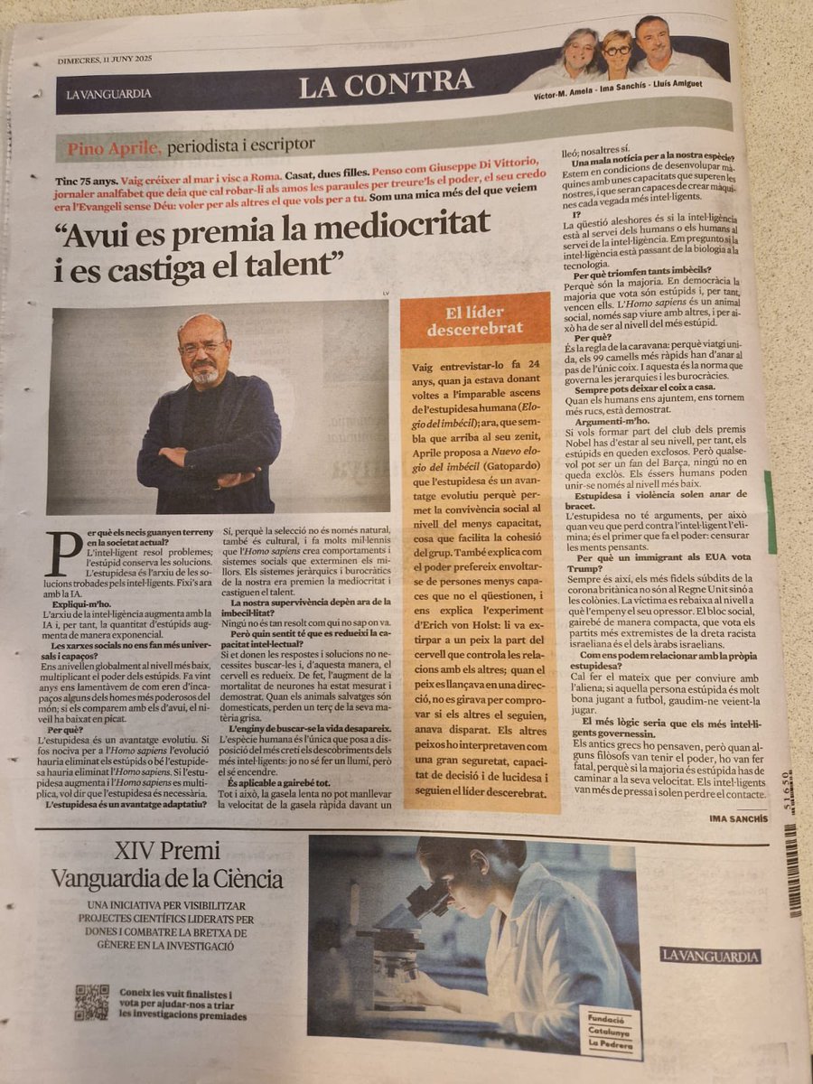 jordigraells's tweet photo. «Avui els premia la mediocritat i es castiga el talent» de @pino_aprile a La Contra de LV. Aquesta hauria de ser la primera conclusió de les comissions que pretenen millorar les organitzacions. La #humilitat i l'#autoreconeixement per iniciar qualsevol canvi ✊ https://t.co/Vq39H5zKj3
