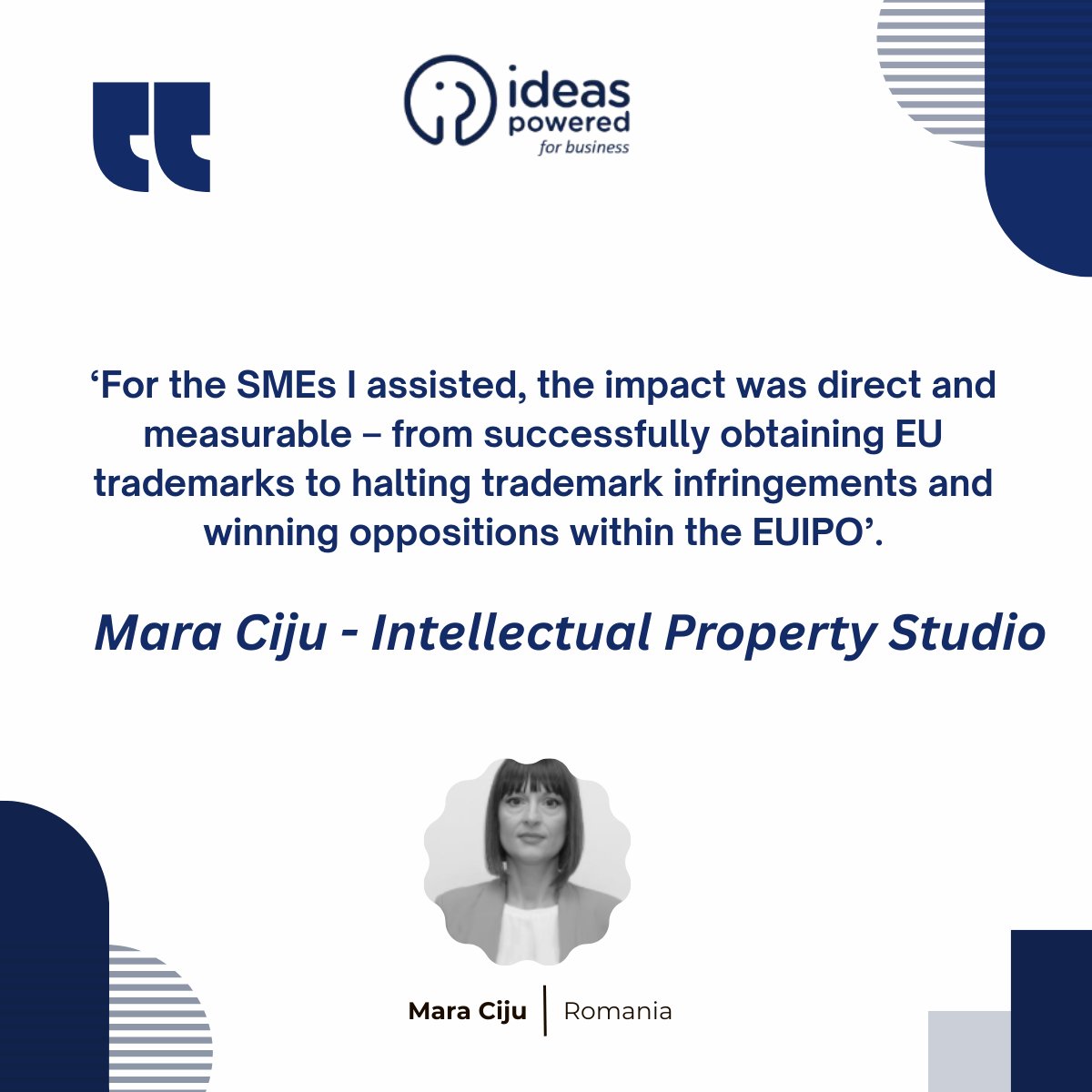 💬 “The benefits were significant: experience, clients, reputation, fulfilment.” – Mara Ciju 🇷🇴
Through EUIPO’s Pro Bono support, Mara helps SMEs protect their ideas — and grows her own practice.
📌 Win–win for experts &amp; small businesses!
🔗 Learn more: business.ideaspowered.eu/testimonial/ma…