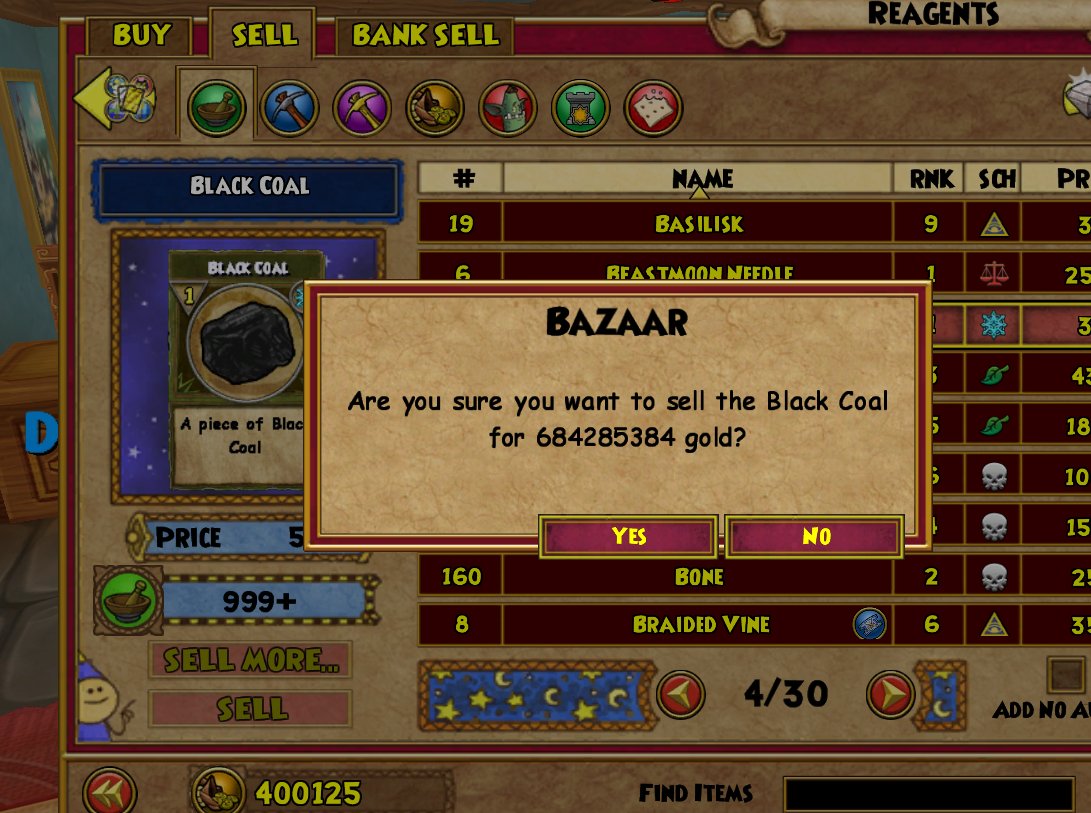BREAKING: With the release of the Summer Update, a bug made it's way to live which gives players max gold for selling *anything* in the Bazaar.

We highly recommend *not* selling here for the time being, as it may be considered an exploit by KingsIsle (and therefore, bannable)
