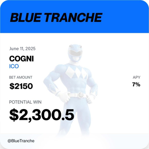 🔵 Blue Tranche is unlocking early access to promising token sales through strategic ICO allocation.

With a 💰 $2,150 allocation into COGNI | ICO, users can earn a 📈 7% APY — projecting a return of $2,300.

Smart pooling. Seamless execution. Powered by <a href="/TrancheVest/">TrancheVest ®</a>