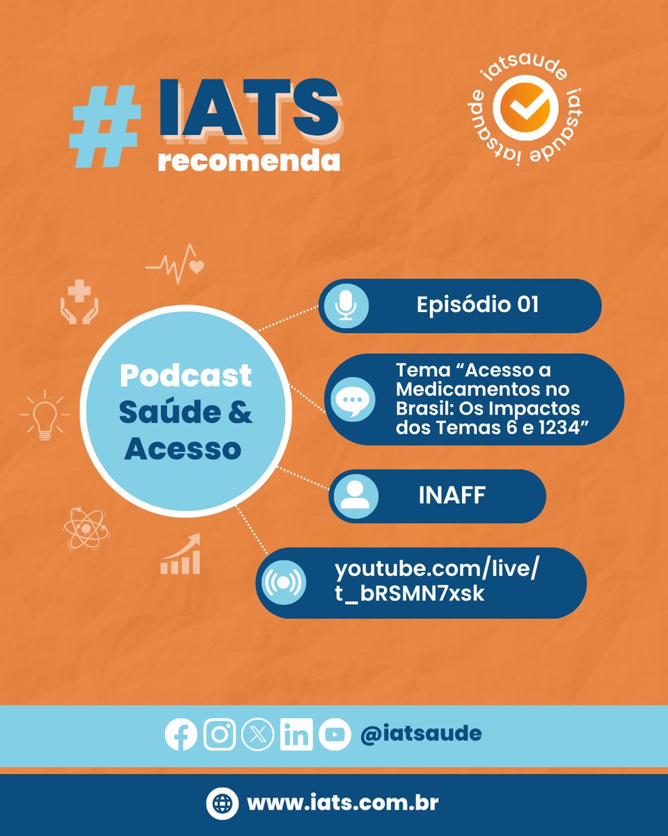 #IATSRECOMENDA: 1º episódio do Podcast Saúde &amp; Acesso

✍ Tema “Acesso a Medicamentos no Brasil: Os Impactos dos Temas 6 e 1234”
➡ Moderação do Presidente do INAFF Profº Lindemberg Assunção e participação do Profº Denizar Vianna
🔗 Acesso: youtube.com/live/t_bRSMN7x…
🌐 INAFF