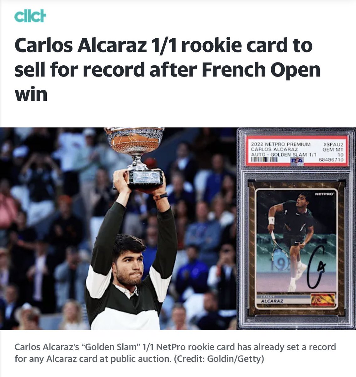 NetProCards's tweet image. The Serena Williams Record Price of $266,000 is for her 2003 PSA 8 Match-Worn Autograph Combo Rookie Card Serial #d to 100. 

With ONLY one Carlos Alcaraz 2022 Autograph Golden Slam Rookie Card Serial #d 1/1 in existence, the sky truly is the limit.

sports.yahoo.com/article/carlos…