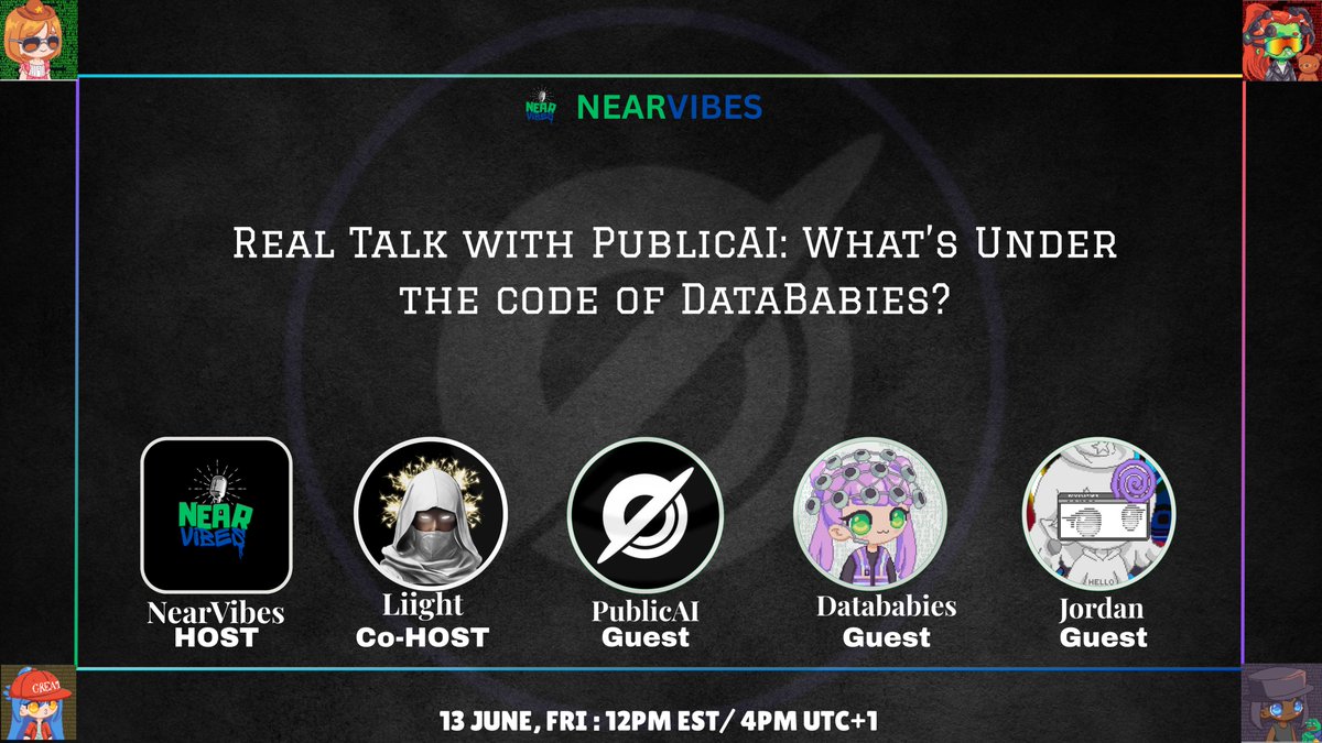 Join us this Friday for an alpha packed space into <a href="/DataBabies333/">Data Babies 🪐💜 𝐏𝐮𝐛𝐥𝐢𝐜𝐀𝐈</a> with @PublicAI,  <a href="/starpause/">𝕵𝖔𝖗𝖉𝖆𝖓✨🐾ヤᵇᵃ ͥ ꜝ9d</a> &amp; <a href="/liight007/">LÌGH†💥</a>.

The tech, story &amp; alpha behind the mint.

3 WL spots are up for grabs for live listeners!
 
Set your reminders
[x.com/i/spaces/1mnxe…]

June 13 |  12PM EST / 4PM UTC+1