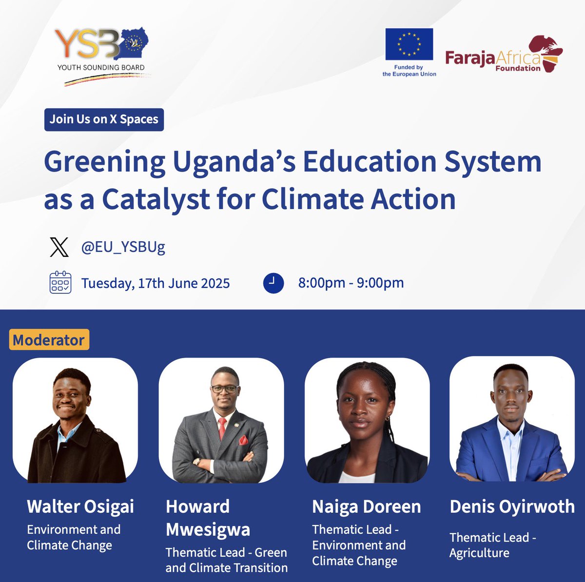 In commemoration of World Environment Day 2025, join us for a discussion on: "Greening Uganda’s Education System as a Catalyst for Climate Action"

⏰ 8pm 
📆 Tuesday, 17th July 2025

🔗x.com/i/spaces/1Mnxn…

#GreeningEducationUG #WorldEnvironmentDay2025
