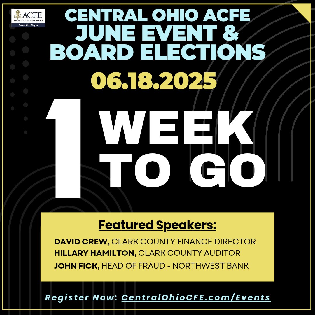 Our in-person June event is almost here! Register now at CentralOhioCFE.com/Events ✅

🗳 Interested in a board position? Email DanielHerb@centralohiocfe.com by June 17. Member voting starts at the event and runs through July 2!

#CentralOhioCFE #FraudPrevention #CostofFraud