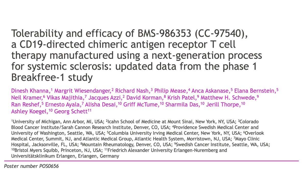 sclerodermaUM's tweet image. Delighted to present the @bmsnews data on #scleroderma #eular2025. Breakfree-1 data showing CAR-T is well tolerated with beneficial effects on skin and FVC and composite endpoint, the revised CRISS.