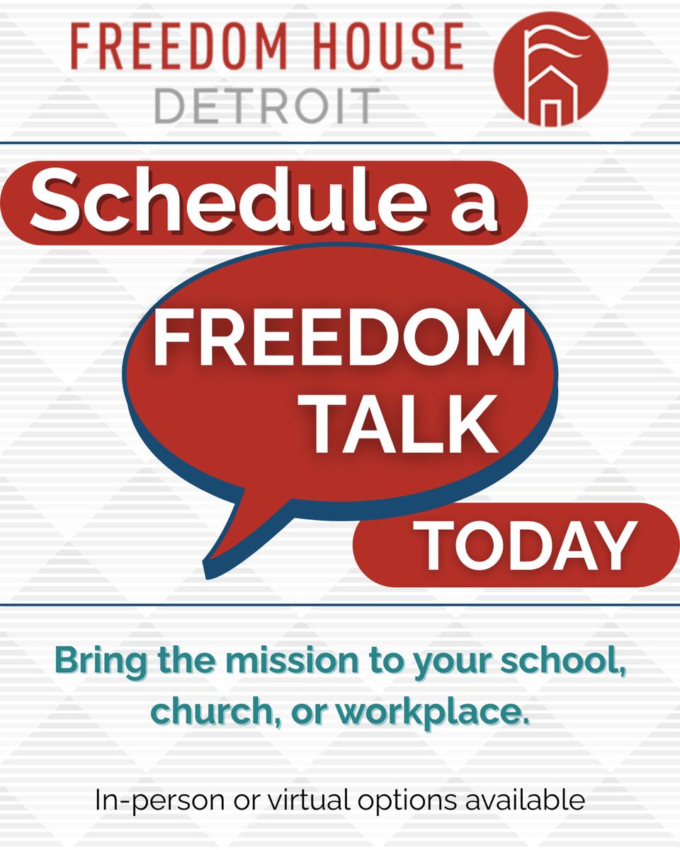 Would you like to learn more about Freedom House Detroit?
Host a #FreedomTalk at your school, workplace, or group to hear powerful stories and discover how you can support asylum seekers.

📩 Schedule yours today!