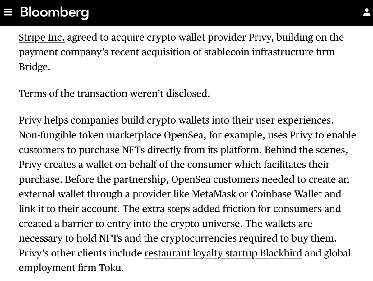 DegenerateNews's tweet image. NEW: STRIPE TO ACQUIRE CRYPTO WALLET PROVIDER PRIVY - PER BLOOMBERG