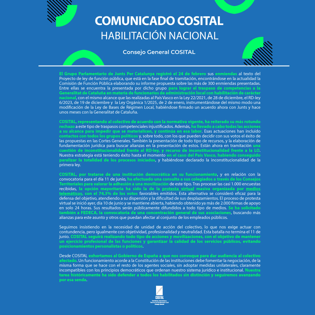 Rechazamos el intento de traspaso de competencias a la <a href="/gencat/">Generalitat de Catalunya</a> sobre los #habilitadosnacionales.

🛑 Activamos medios legales y políticos.
📊 El 74,3 % apoya protesta virtual.
✊ Exigimos audiencia inmediata al Gobierno.

#FunciónPública #COSITAL