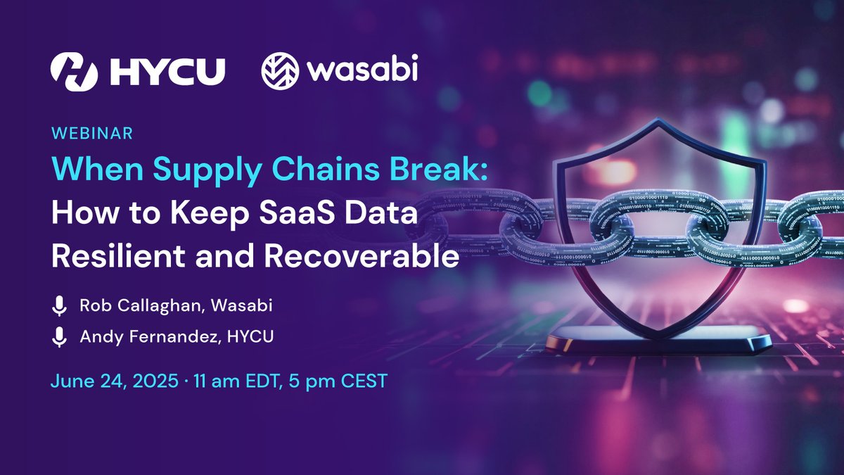 60%+ of enterprise data lives in SaaS apps, making platforms like #M365, <a href="/Box/">Box</a>  &amp; <a href="/github/">GitHub</a>  prime targets.

Join HYCU + <a href="/wasabi_cloud/">Wasabi Technologies</a> for a free webinar on how to own your recovery without added complexity.

bit.ly/3FxzOe8

#dataprotection #cyberresilience