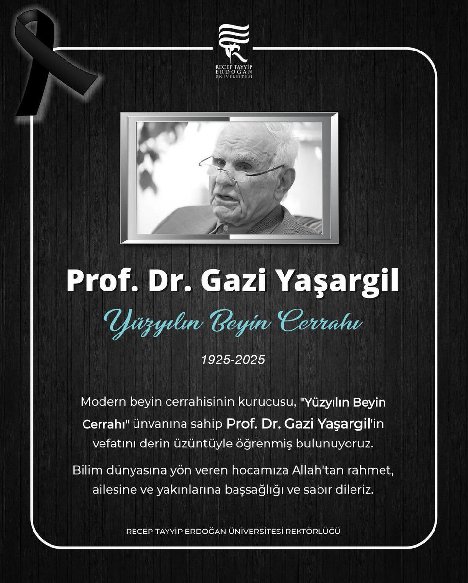 Modern beyin cerrahisinin kurucusu, "Yüzyılın Beyin Cerrahı" ünvanına sahip Prof. Dr. Gazi Yaşargil'in vefatını derin üzüntüyle öğrenmiş bulunuyoruz.

Bilim dünyasına yön veren hocamıza Allah'tan rahmet, ailesine ve yakınlarına başsağlığı ve sabır dileriz.