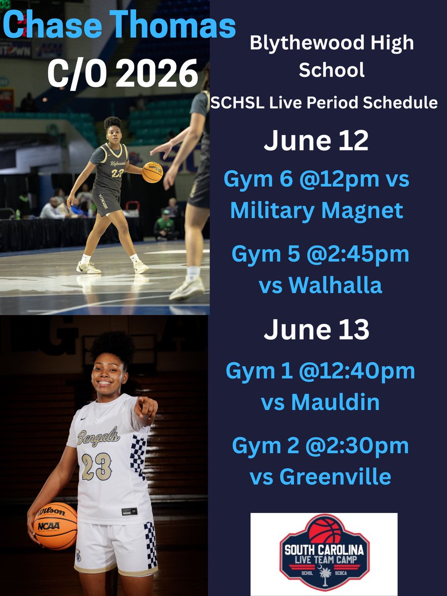 Chase Thomas (@chase_hoops25) on Twitter photo Here is my schedule for live period come check us out at Riverview Park in North Augusta! <a href="/bwoodwbball/">Blythewood High Women’s Bengals Basketball</a> <a href="/SCBCA/">South Carolina Basketball Coaches Association</a> <a href="/LouatTheState/">Lou Bezjak</a> <a href="/GeorgetownWBB/">Georgetown WBB</a> <a href="/palmetto76erawe/">Palmetto 76ers/Aja Wilson Elite</a> <a href="/JeromeFleetwood/">jerome dickerson</a> Here is my schedule for live period come check us out at Riverview Park in North Augusta! <a href="/bwoodwbball/">Blythewood High Women’s Bengals Basketball</a> <a href="/SCBCA/">South Carolina Basketball Coaches Association</a> <a href="/LouatTheState/">Lou Bezjak</a> <a href="/GeorgetownWBB/">Georgetown WBB</a> <a href="/palmetto76erawe/">Palmetto 76ers/Aja Wilson Elite</a> <a href="/JeromeFleetwood/">jerome dickerson</a>