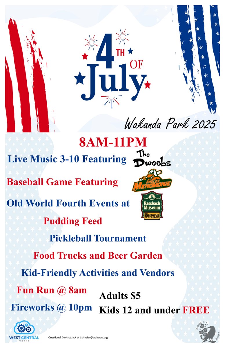 4th of July at Wakanda Park in Menomonie, WI! Music, Food Trucks, Music All Day Long! Learn More! facebook.com/events/9592496…