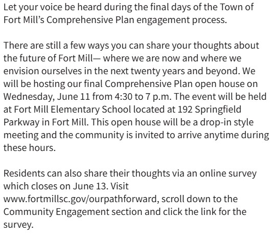 Please see this message about the Town's Comprehensive Plan open house on Wednesday, June 11 from 4:30 to 7 p.m. Also, click here to take the Comp Plan survey: survey123.arcgis.com/share/4e174e74…