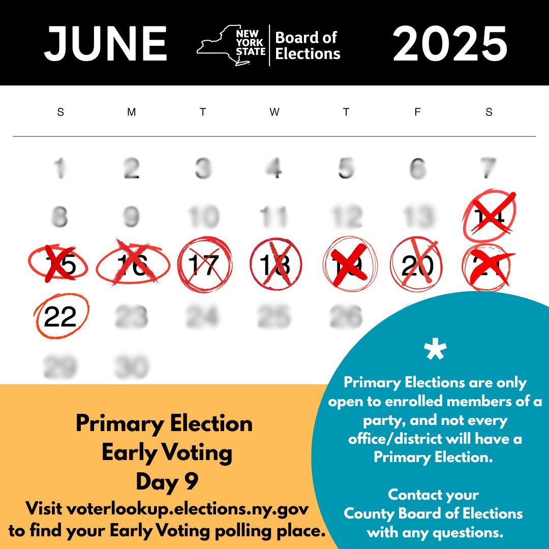 It’s the final day of Early Voting for the Primary Election! Get out there and make your voice heard. Check out elections.ny.gov for more election and voting information.
