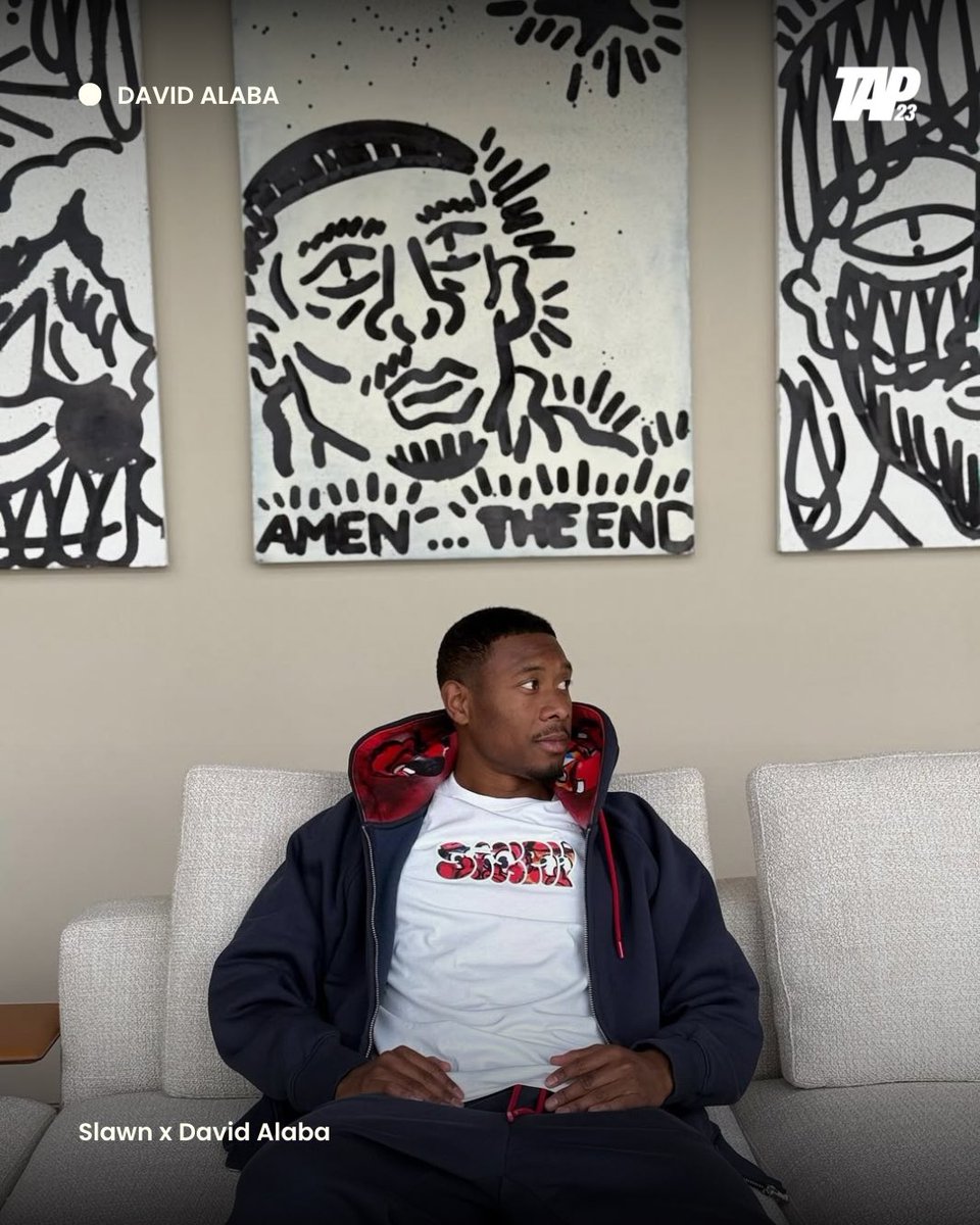 _tap23's tweet image. Where art meets football. Slawn created a nine-piece collection for David Alaba. It acts as a self-portrait documenting his life. Football, family, music, religion and his Nigerian roots.
#DavidAlaba #RealMadrid #Slawn #TaP23